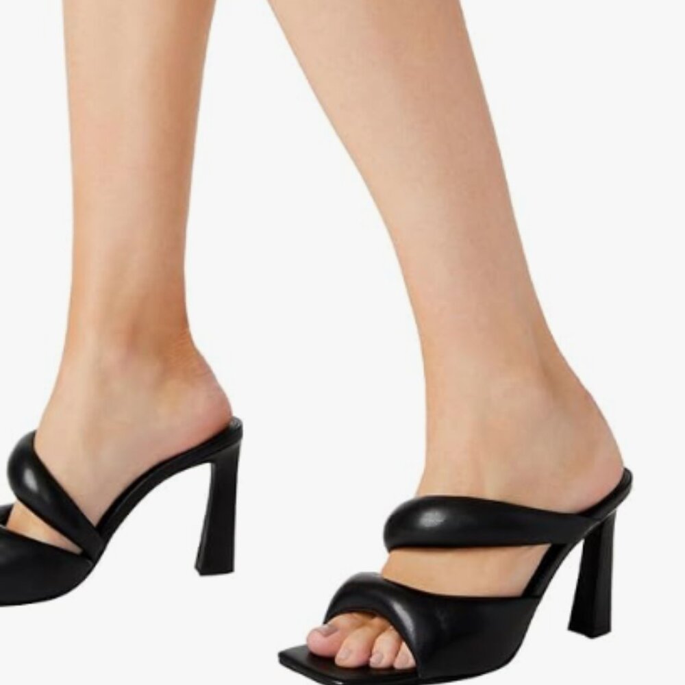 FOWT Black Square Open Toe Cushioned Strap Block High Heel Slippers Slip on Mule